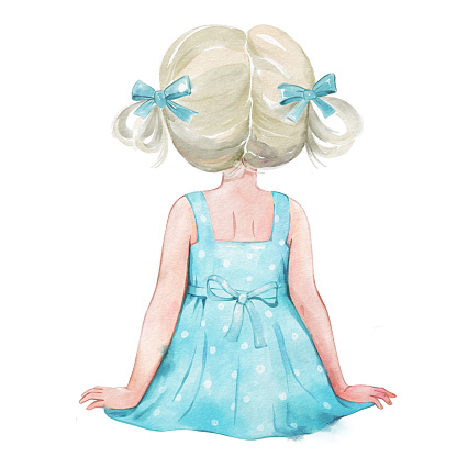 Watercolour illustration of the little blond in a blue dress and bows, a girl sitting. Back view. Isolated