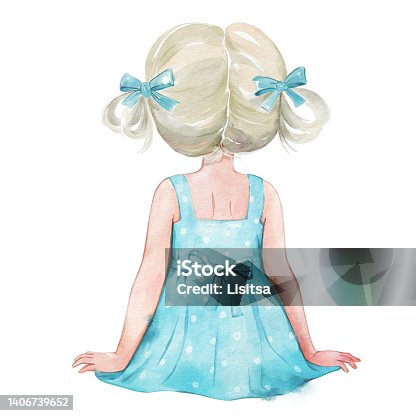 istock Watercolour illustration of the little blond in a blue dress and bows, a girl sitting. Back view. Isolated 1406739652