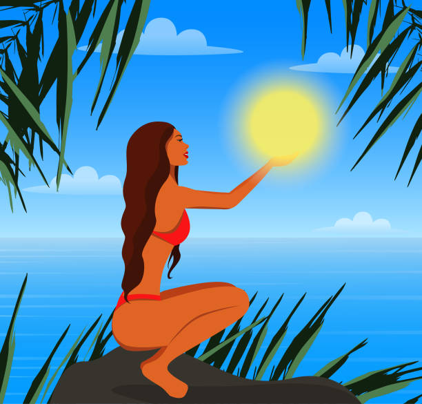 ilustrações de stock, clip art, desenhos animados e ícones de vector illustration of a beautiful girl in a red bikini on summer vacation on the beach holding the sun in her hands under palm trees - infinity pool getting away from it all relaxation happiness