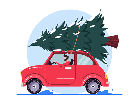 Merry Christmas Illustration. Man driving car carries a christmas tree