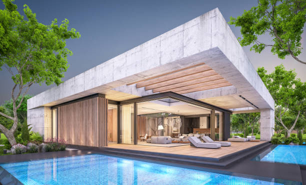 istock 3d rendering of new concrete house in modern style in evening 1406740153