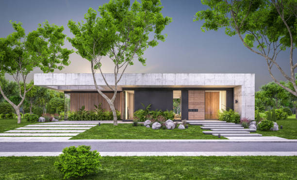 istock 3d rendering of new concrete house in modern style in evening 1406740157