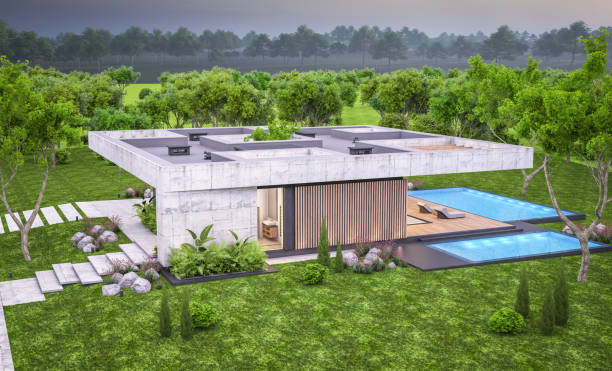 istock 3d rendering of new concrete house in modern style in evening 1406740202