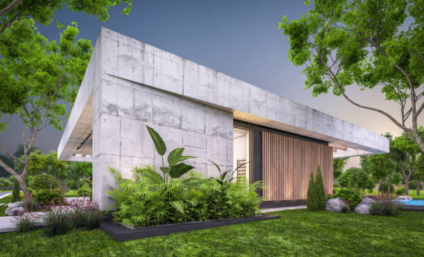istock 3d rendering of new concrete house in modern style in evening 1406740258