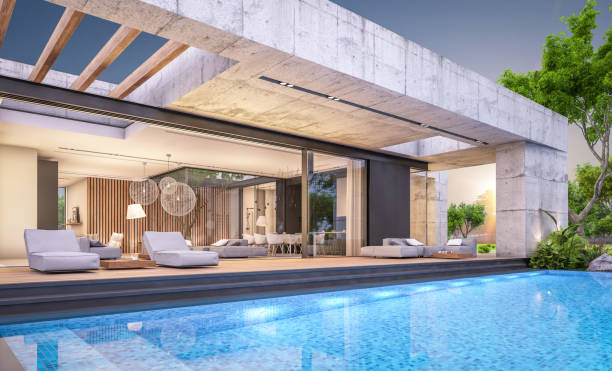 istock 3d rendering of new concrete house in modern style in evening 1406740806