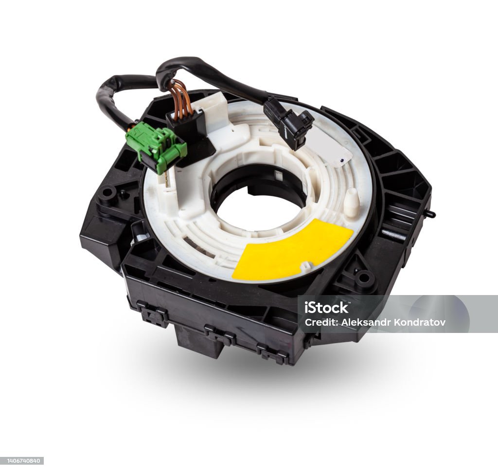 Steering angle sensor disassembled on a white isolated background, spare part for car repair or for sale at junk yard Steering angle sensor disassembled on a white isolated background, spare part for car repair or for sale at junk yard. Angle Stock Photo