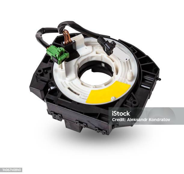 Steering Angle Sensor Disassembled On A White Isolated Background Spare Part For Car Repair Or For Sale At Junk Yard Stock Photo - Download Image Now