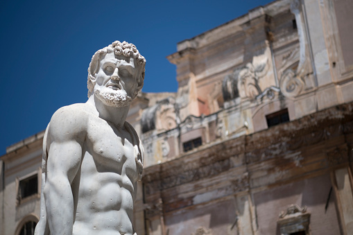 Fontana Pretoria detail , look sideways sculptures at \nPiazza Pretoria (Palermo). Piazza della Vergogna , Italia. As you can see no sculpture look in  your eyes, is called the shamefulness, embarrassment  square.