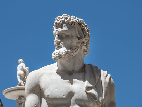 Fontana Pretoria detail , look sideways sculptures at \nPiazza Pretoria (Palermo). Piazza della Vergogna , Italia. As you can see no sculpture look in  your eyes, is called the shamefulness, embarrassment  square.