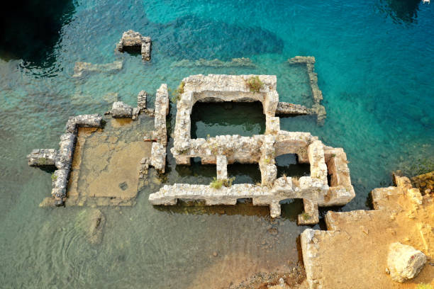 cleopatra's hammam in fethiye gocek bays. This bay still has the ruins of an old Cleopatra's hammam, now under the water. by pine trees and famed for the remaining ruins of Cleopatra's Baths,