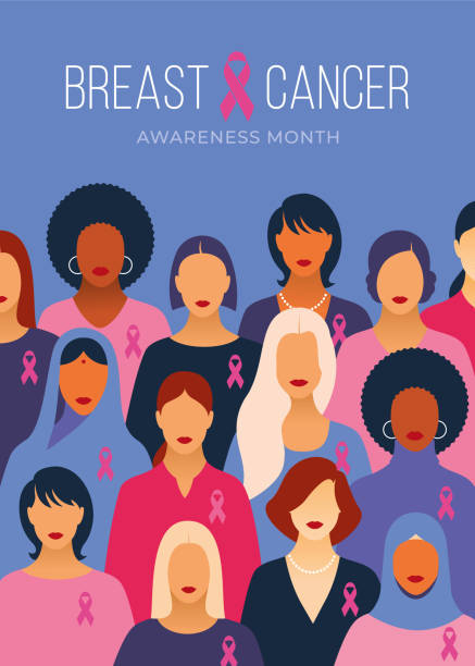 illustrazioni stock, clip art, cartoni animati e icone di tendenza di mese di sensibilizzazione sul cancro al seno e diverse donne etniche con nastro di supporto rosa. - cancer women womens issues friendship