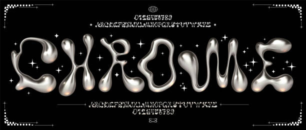 chrome y2k-schriftart. flüssigmetallalphabet, geschmolzene stahlbuchstaben und funky zahlen. glänzendes 3d-flussmittel-schriftvektor-set - flüssiges metall stock-grafiken, -clipart, -cartoons und -symbole