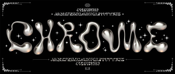 шрифт chrome y2k. жидкометаллический алфавит, расплавленные стальные буквы и причудливые цифры. глянцевый 3d-векторный набор шрифтов потока - chrome stock illustrations