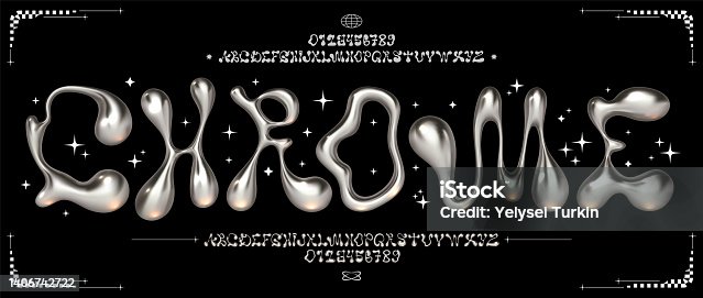 istock Chrome Y2K font. Liquid metal alphabet, melted steel letters and funky numbers. Glossy 3D flux typeface vector set 1406742722