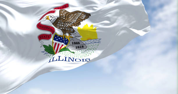 the us state flag of illinois waving in the wind - illinois imagens e fotografias de stock