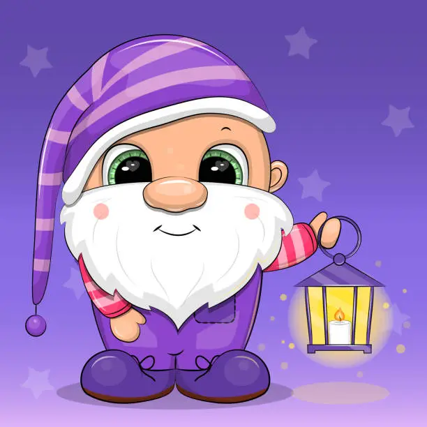 Vector illustration of Cute cartoon gnome with a lantern.