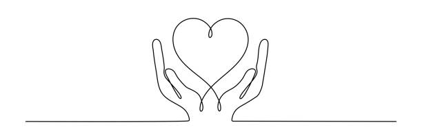 연속 한 줄 그리기 손을 잡는 심장. - assistance human hand giving a helping hand stock illustrations