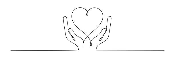 Continuous one line drawing hand holding heart. Continuous one line drawing hand holding heart. Love charity symbol. Vector isolated on white. continuous line drawing stock illustrations