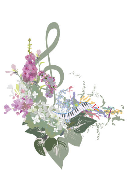 ilustrações de stock, clip art, desenhos animados e ícones de abstract nature treble clef decorated with summer and spring flowers, notes, birds. light and relax music. - guitar illustration and painting abstract pattern