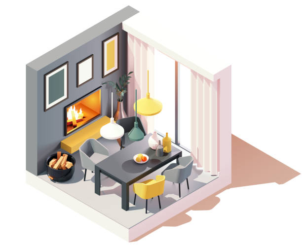 Vector isometric dining room with fireplace Vector isometric modern dining room with fireplace interior. Dining table with chairs, ceiling lights, fireplace. Low poly cross-section illustration. showcase interior dining room home decorating home interior stock illustrations