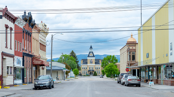 Dillon, Montana, USA –June 6, 2022 Downtown Dillon with store fronts and courthouse