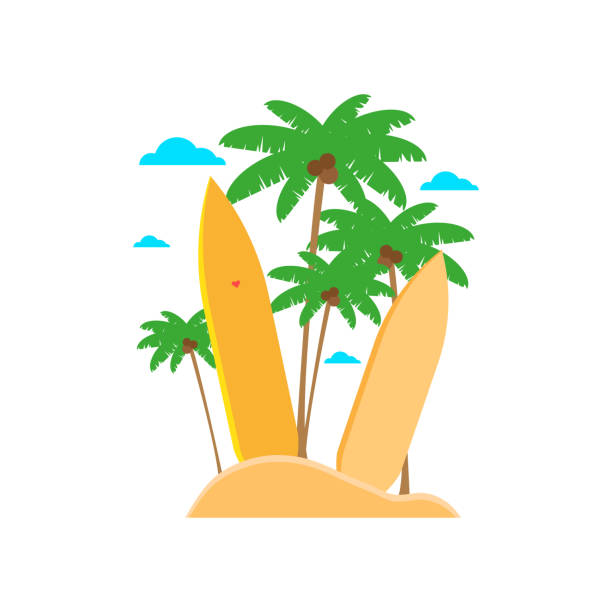 illustrazioni stock, clip art, cartoni animati e icone di tendenza di illustrazione di tavole da surf nella sabbia sullo sfondo di palme - white background fruit vacations nature