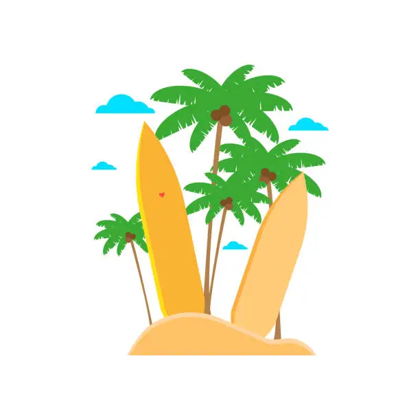 Vector illustration of illustration of surfboards in the sand against the backdrop of palm trees