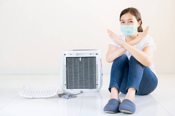 frau, die einen luftreinigerfilter reinigt. - electric fan women wind beautiful stock-fotos und bilder