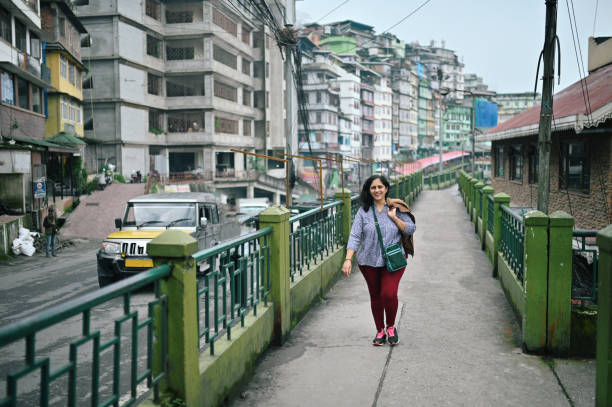 A woman traveller walking on a walkway in Gangtok, Sikkim
