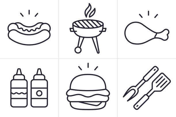 ilustraciones, imágenes clip art, dibujos animados e iconos de stock de iconos y símbolos de la línea de comida a la parrilla - sausage bratwurst barbecue grill barbecue