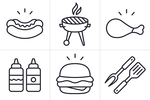 Grilling food cookout hot dog, hamburger, and chicken line icons and symbols icon set collection.