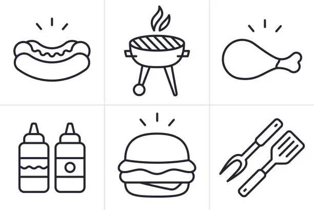 Vector illustration of Grilling Food Cookout Line Icons and Symbols