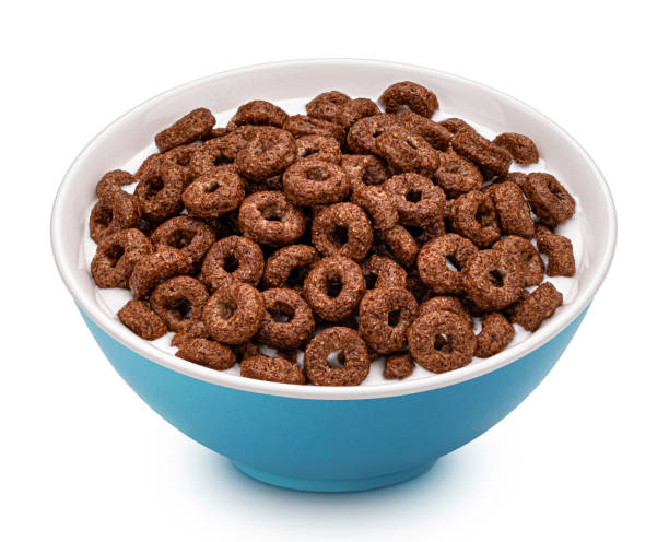 Chocolate corn rings with milk isolated on white background