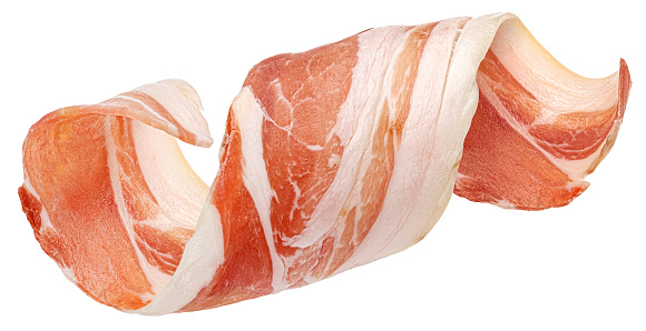 Bacon strip roll, pork brisket slice isolated on white background, full depth of field