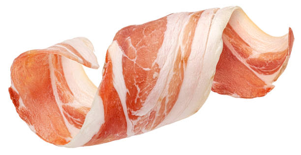 Bacon strip roll isolated on white background Bacon strip roll, pork brisket slice isolated on white background, full depth of field cooked bacon slice stock pictures, royalty-free photos & images