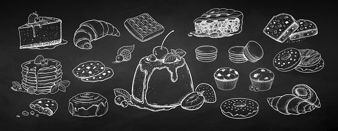 Vector chalk drawn sketch icons illustration set of desserts and bakery products. Vintage style drawing isolated on  chalkboard background.