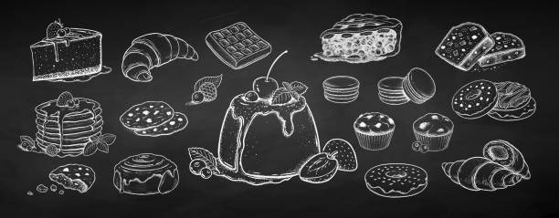 Chalk illustration set of desserts and bakery Vector chalk drawn sketch icons illustration set of desserts and bakery products. Vintage style drawing isolated on  chalkboard background. chocolate chip cookie drawing stock illustrations