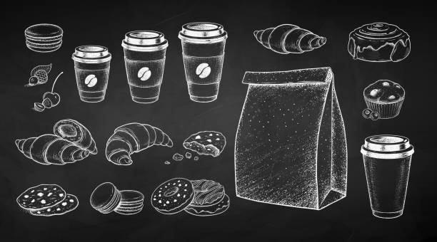 illustrazioni stock, clip art, cartoni animati e icone di tendenza di illustrazioni di gesso di andare caffè e cibo dolce - coffee muffin take out food disposable cup