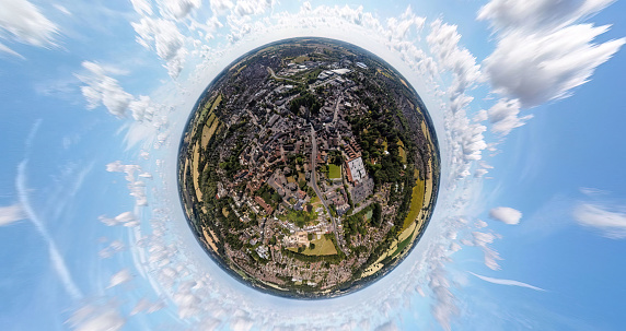 A tiny planet aerial view of town of Stowmarket in Suffolk, UK