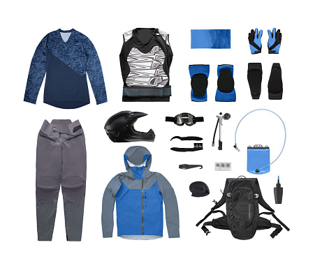 Set of downhill mountain bike clothes and accessories isolated on white background