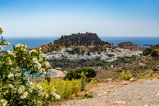 View of Lindos and the ancient acropolis on the hill, Rhodes, Greece. White flowers in the foreground.