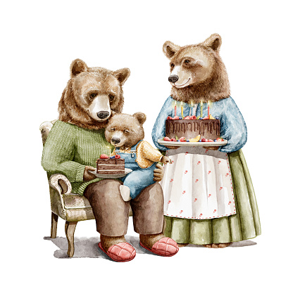 Watercolor composition with little bear son sits on father lap on armchair and blows out candle on cake and mom bear in dress holding birthday cake isolated on white background. Hand drawn illustration sketch