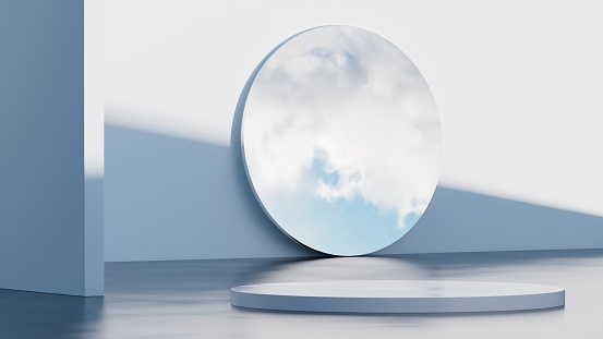 3d mock-up podium, Sky in mirror, White colors.