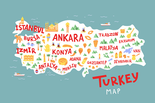Turkey cartoon map flat hand drawn vector illustration. City names lettering and landmarks, tourist attractions cliparts. Travel, trip comic poster, banner concept design