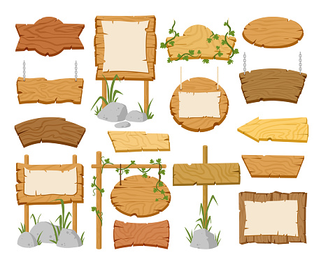 Cartoon sign boards, wooden signs, rustic banners and borders. Wooden rustic signboards with leaves and blank posters vector symbols set. Vintage pathfinding banners