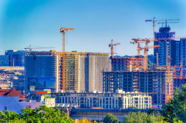 Belgrade Waterfront under construction in Belgrade, Serbia. Belgrade, Serbia, September 11 2021: Belgrade Waterfront under construction in Belgrade, Serbia. panoramic riverbank architecture construction site stock pictures, royalty-free photos & images