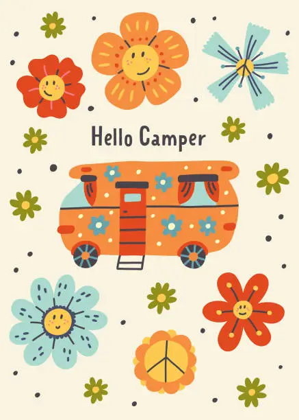 Vector illustration of Print hello camper car colorful smiling flowers