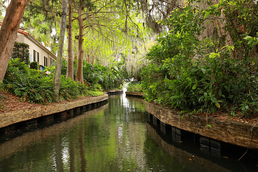 Scenic view of Winter Park, chain of lakes canal.  The chain of lakes is a popular tourist destination for residents and visitors to Winter Park, Florida, USA.