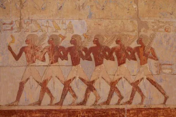 Photo of Egyptian soldiers in the expedition to the Land of Punt at the Temple of Hatshepsut. Luxor .Egypt.