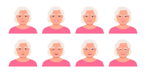 ilustraciones, imágenes clip art, dibujos animados e iconos de stock de conjunto de avatares de ancianas. diferentes emociones. ilustración vectorial de dibujos animados. - facial expression women multiple image thinking